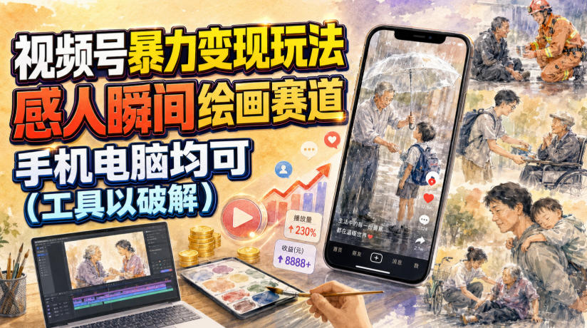 视频号暴力变现玩法，感人瞬间绘画赛道，手机电脑均可-吾爱自习网