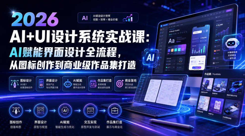 2026 AI+UI设计系统实战课:AI赋能界面设计全流程,从图标创作到商业级作品集打造-吾爱自习网