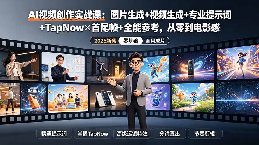 AI视频创作实战课:图片生成+视频生成+专业提示词+TapNow×首尾帧+全能参考,从零到电影感成片-旺仔资源库
