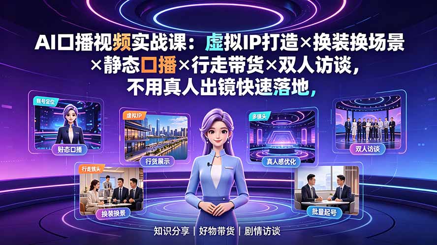 AI口播视频实战课:虚拟IP打造×换装换场景×静态口播×行走带货×双人访谈,不用真人出镜快速落地-旺仔资源库