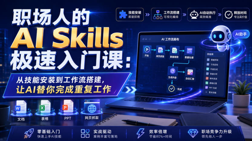 职场人的AI Skills极速入门课:从技能安装到工作流搭建,让AI替你完成重复工作-吾爱自习网