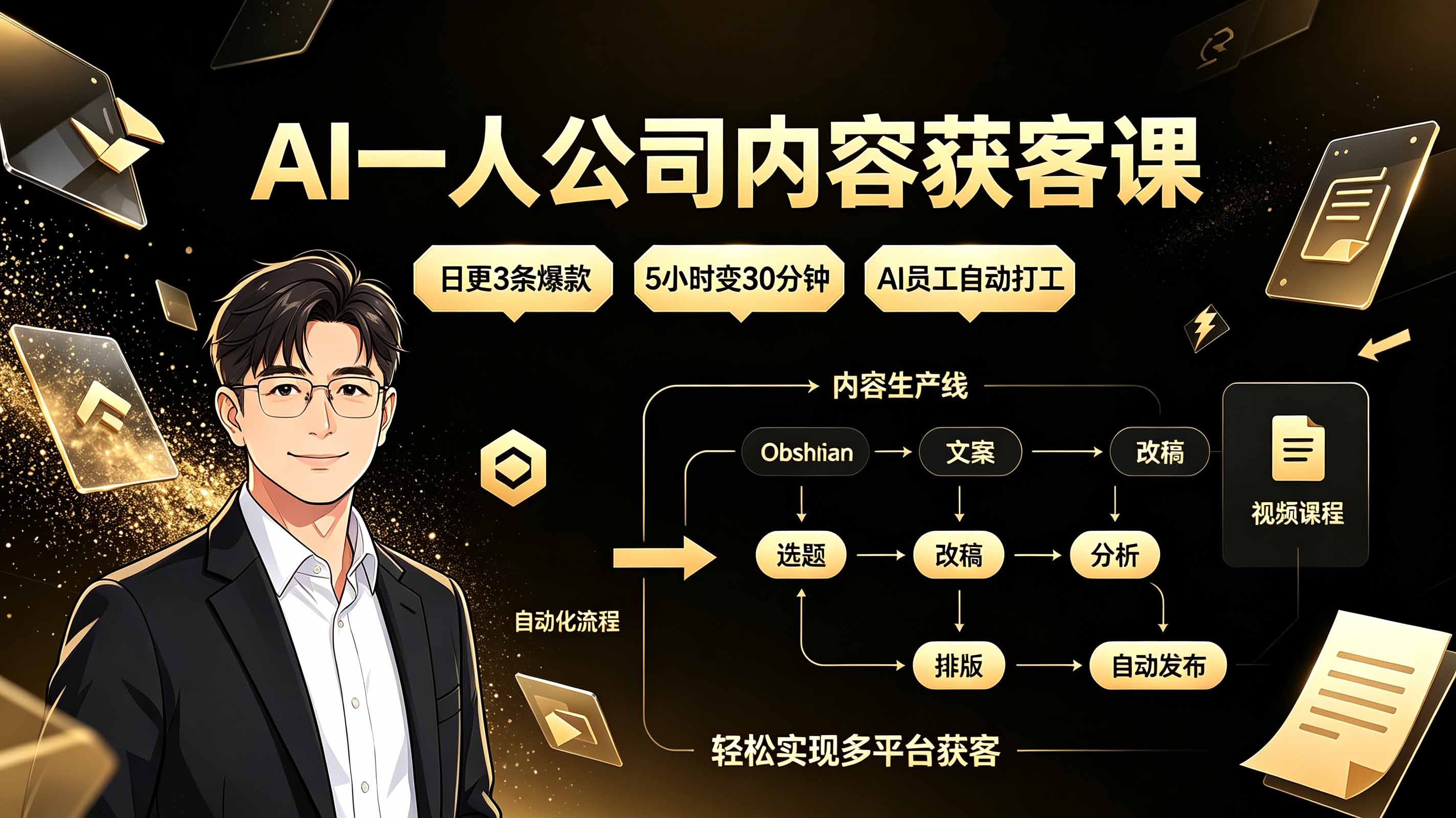 AI一人公司内容获客课：日更3条爆款×5小时变30分钟×AI员工自动打工，轻松实现多平台获客-吾爱自习网