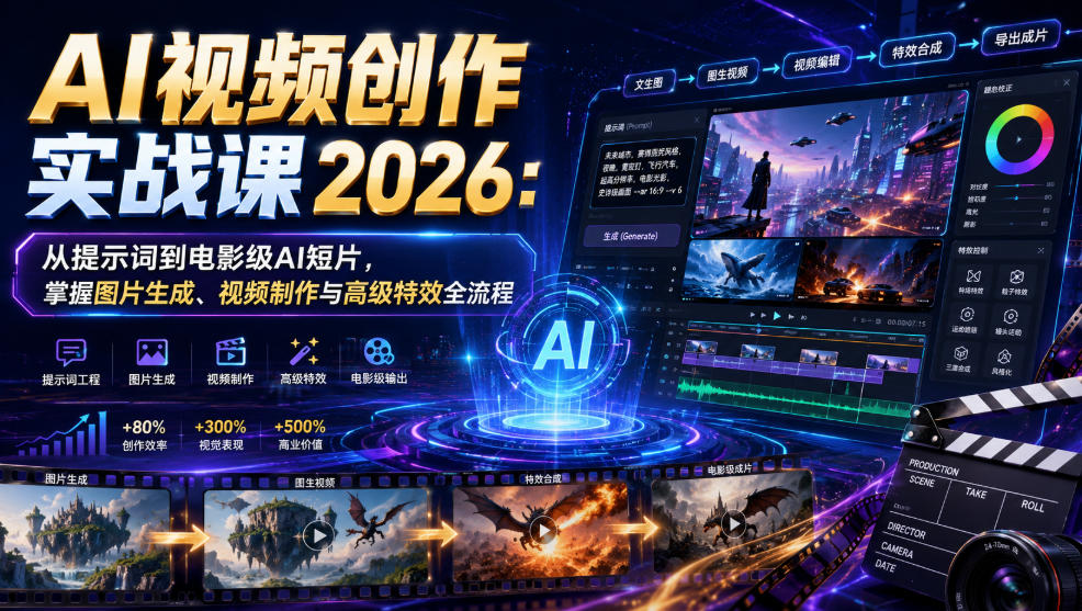 AI视频创作实战课2026：从提示词到电影级AI短片，掌握图片生成、视频制作与高级特效全流程-吾爱自习网