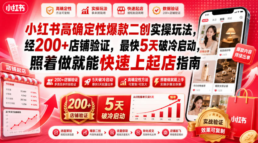小红书高确定性爆款二创实操玩法,经200+店铺验证,最快5天破冷启动,照着做就能快速上起店指南-吾爱自习网