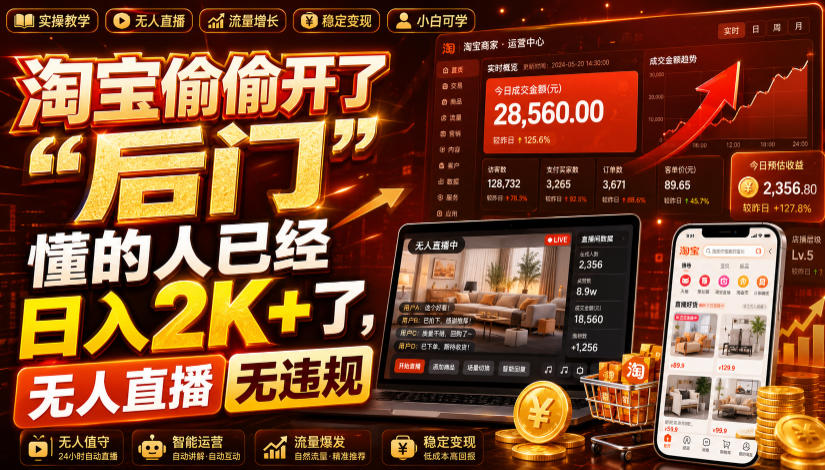 淘宝偷偷开了“后门”，懂的人已经日入2K+了，无人直播无违规，一台电脑=一家24小时营业的线上门店【揭秘】-吾爱自习网