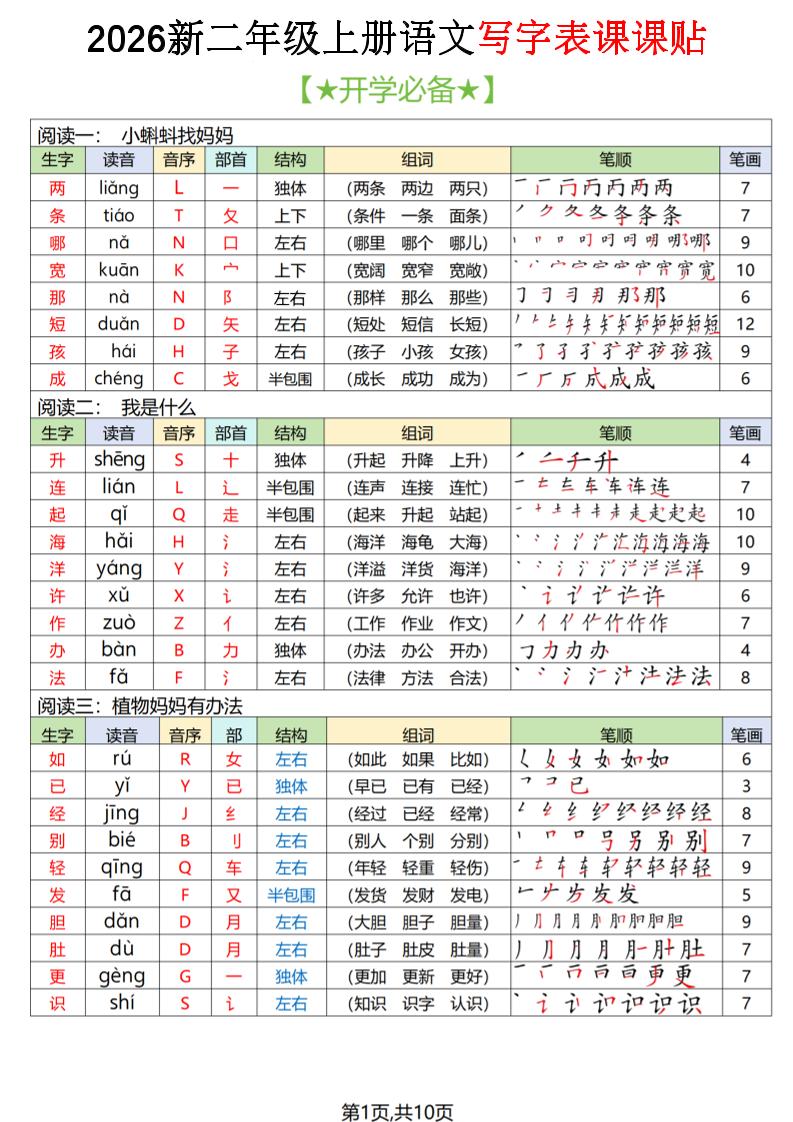 2026秋二上语文写字表课课贴（开学必备）-吾爱自习网