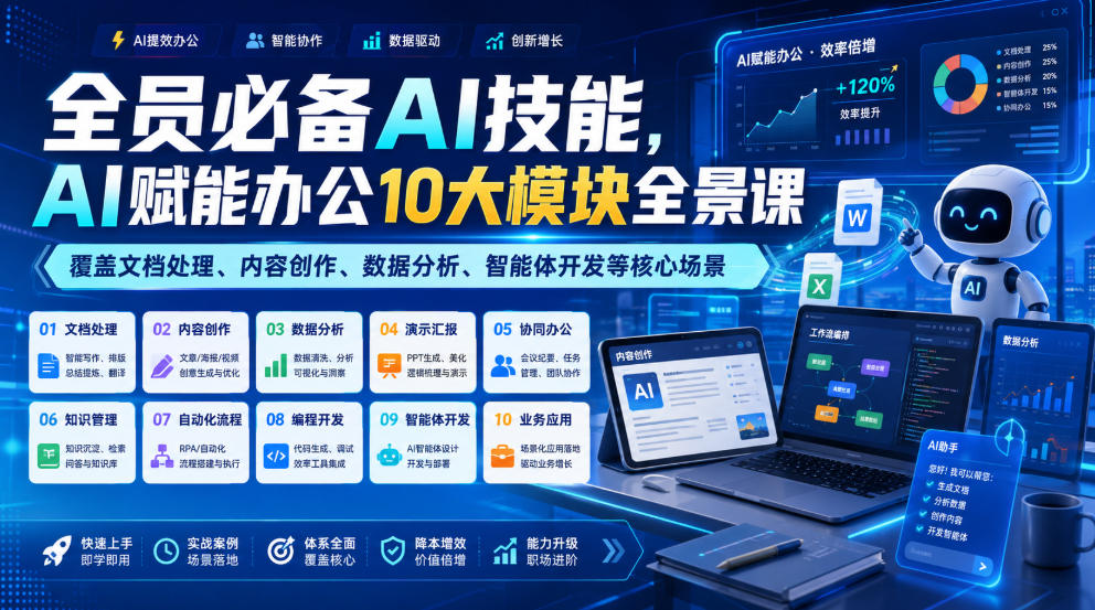全员必备AI技能,AI赋能办公10大模块全景课,覆盖文档处理、内容创作、数据分析、智能体开发等核心场景-吾爱自习网