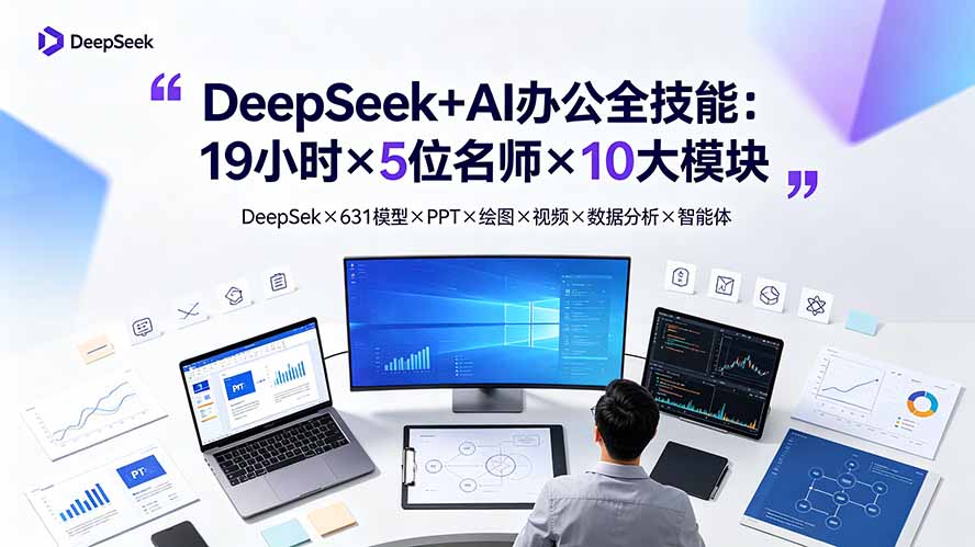 DeepSeek+AI办公全技能:19小时×5位名师×10大模块,DeepSeek×631模型×PPT×绘图×视频×数据分析×智能体-吾爱自习网