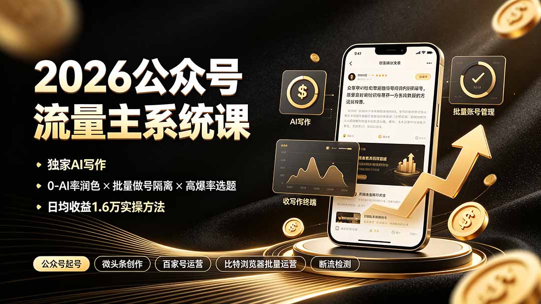 2026公众号流量主系统课:独家AI写作×0-AI率润色×批量做号隔离×高爆率选题,日均收益1.6万实操方法-吾爱自习网