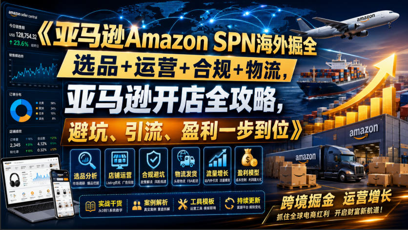 亚马逊Amazon SPN海外掘全，选品+运营+合规+物流，亚马逊开店全攻略，避坑、引流、盈利一步到位-吾爱自习网