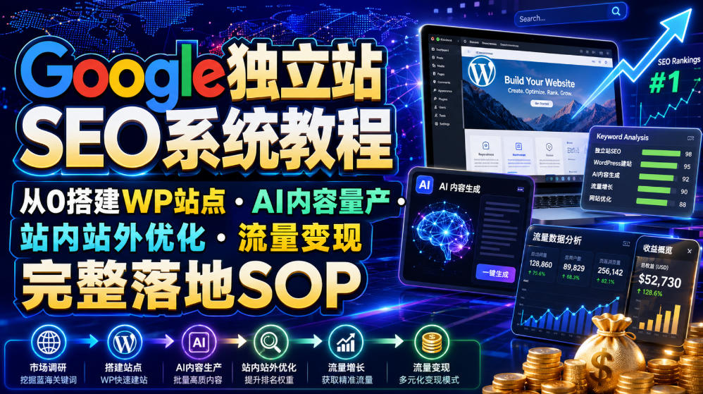 Google独立站SEO系统教程,从0搭建WP站点・AI内容量产・站内站外优化・流量变现完整落地SOP(2026年7月)-吾爱自习网