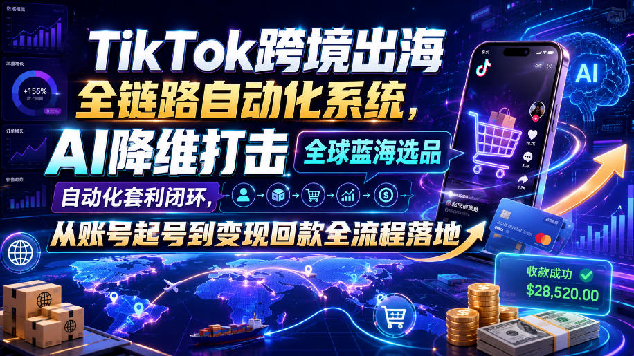 TikTok跨境出海全链路自动化系统，AI降维打击全球蓝海选品自动化套利闭环，从账号起号到变现回款全流程落地(2026年7月)-知梦网创