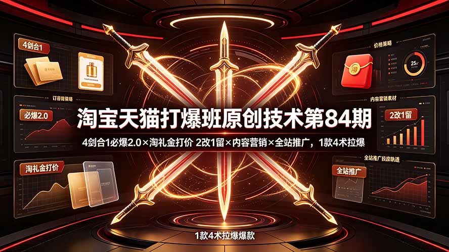 淘宝天猫打爆班原创技术第84期:4剑合1必爆2.0×淘礼金打价×2改1留×内容营销×全站推广,1款4术拉爆-旺仔资源库