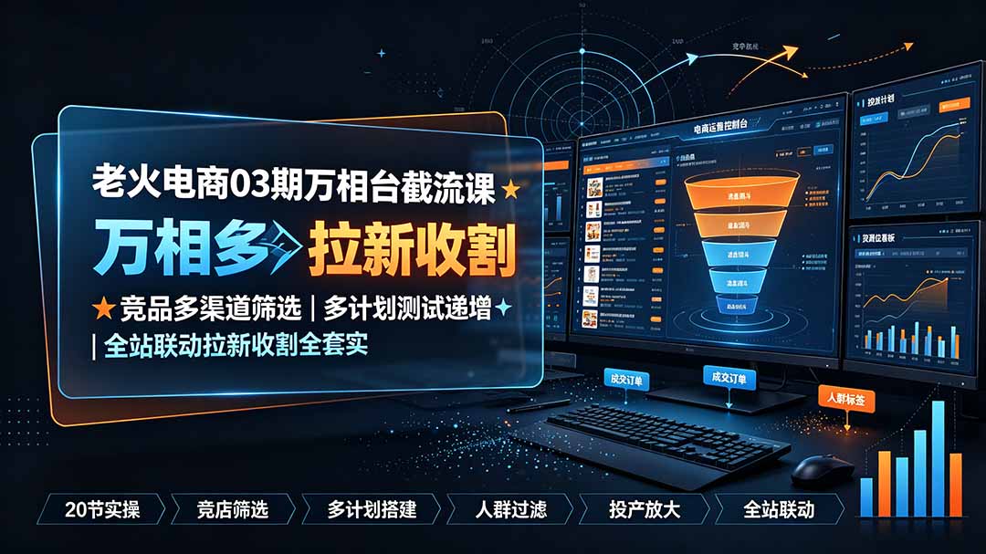 老火电商03期万相台截流课:竞品多渠道筛选|多计划测试递增|全站联动拉新收割全套实操教学-吾爱自习网