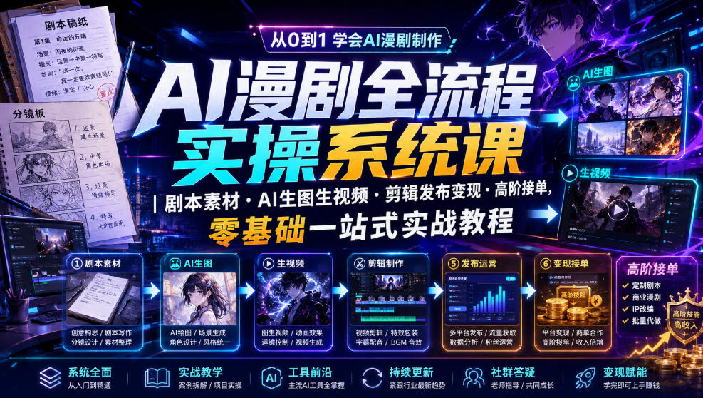 AI漫剧全流程实操系统课|剧本素材・AI生图生视频・剪辑发布变现・高阶接单,零基础一站式实战教程-吾爱自习网