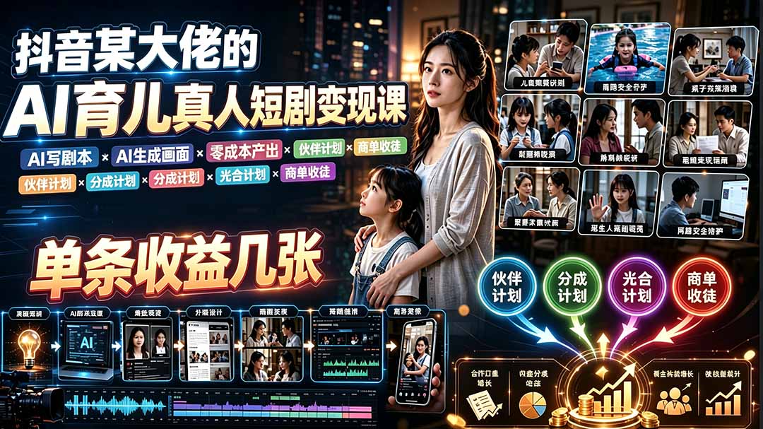 AI育儿真人短剧变现课:AI写剧本×AI生成画面×零成本产出×伙伴计划×分成计划×光合计划×商单收徒-吾爱自习网