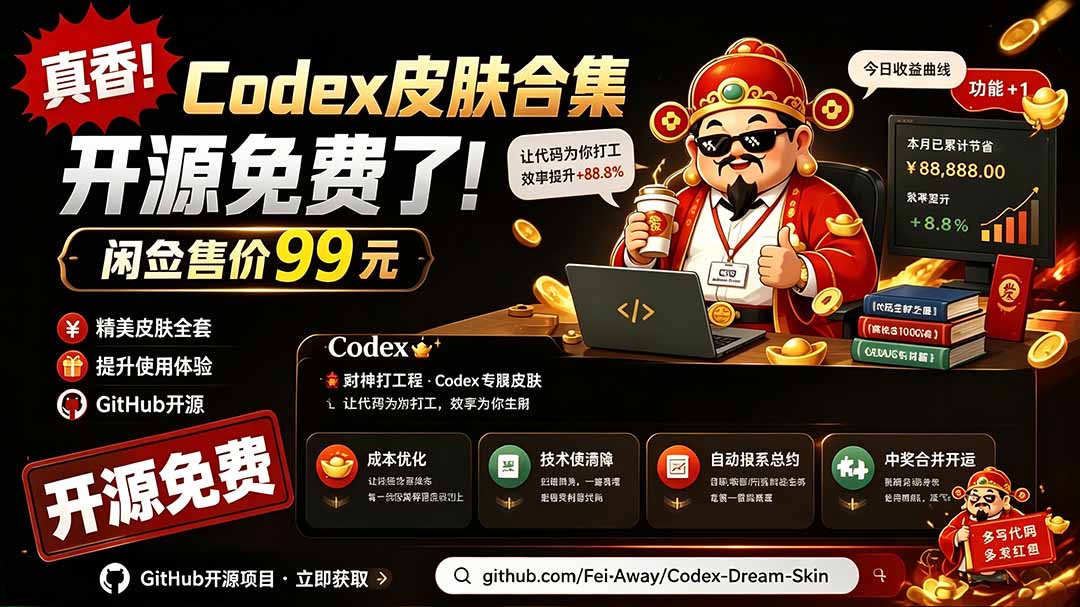 闲鱼售卖99元的Codex皮肤包,GitHub 免费开源了!让你的codex变成精美界面 Codex Dream Skin-吾爱自习网