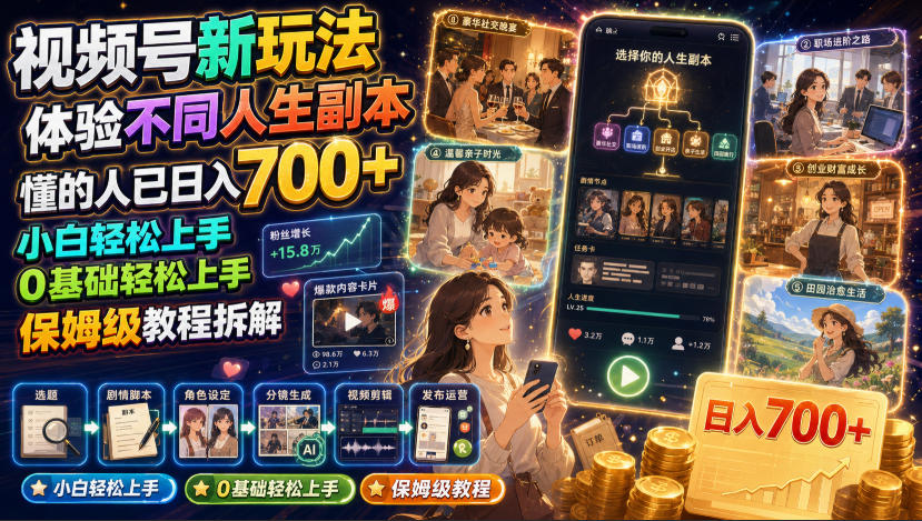 视频号新玩法体验不同人生副本,懂的人已日入700+,小白轻松上手,0基础轻松上手,保姆级教程拆解-吾爱自习网