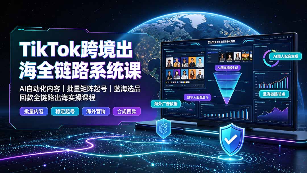 TikTok跨境出海全链路系统课-2026年7月:AI自动化内容|批量矩阵起号|蓝海选品回款全链路出海实操课程-吾爱自习网