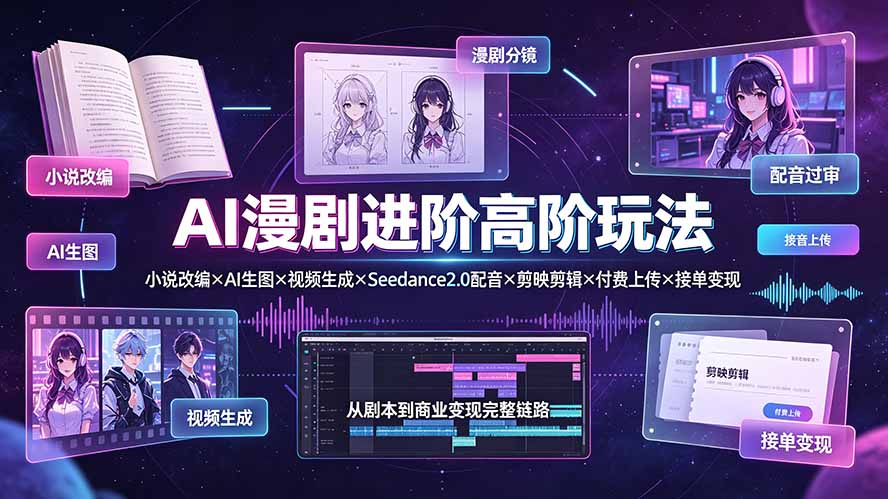 AI漫剧进阶高阶玩法:小说改编×AI生图×视频生成×Seedance2.0配音×剪映剪辑×付费上传×接单变现-旺仔资源库