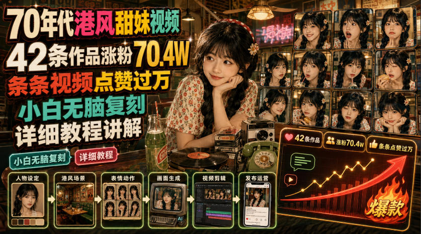70年代港风甜妹视频,42条作品涨粉70.4W,条条视频点赞过万,小白无脑复刻,详细教程讲解-吾爱自习网