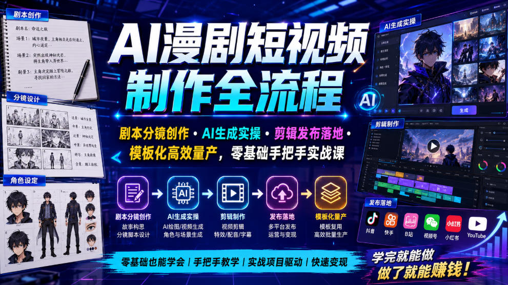 AI漫剧短视频制作全流程|剧本分镜创作・AI生成实操・剪辑发布落地・模板化高效量产,零基础手把手实战课-吾爱自习网