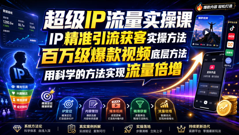 超级IP流量实操课,IP精准引流获客实操方法,百万级爆款视频底层方法,用科学的方法实现流量倍增-吾爱自习网