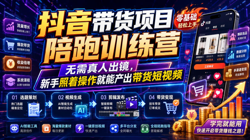 抖音带货项目陪跑训练营,无需真人出镜,新手照着操作就能产出带货短视频-吾爱自习网