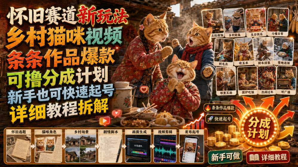 怀旧赛道新玩法,乡村猫咪视频,条条作品爆款,可撸分成计划,新手也可快速起号,详细教程拆解-旺仔资源库