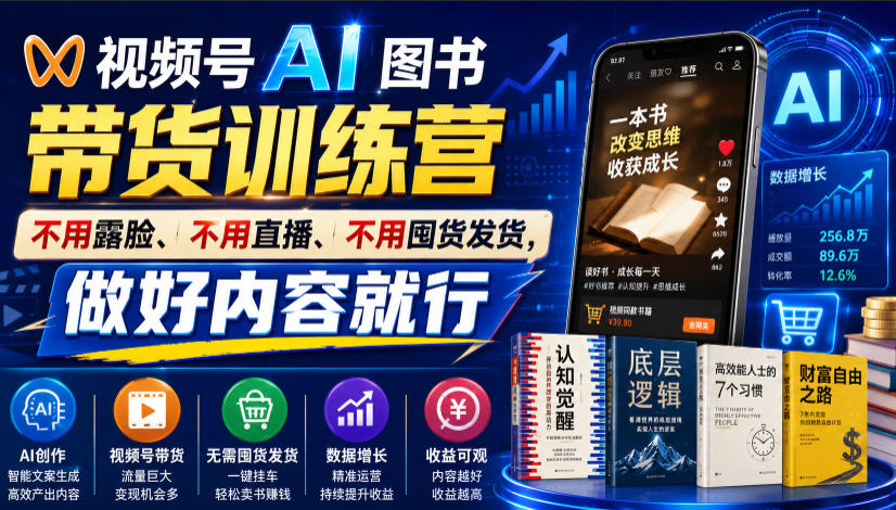 视频号AI图书带货训练营,不用露脸、不用直播、不用囤货发货,做好内容就行,一条爆款视频佣金8942-奉壹网创