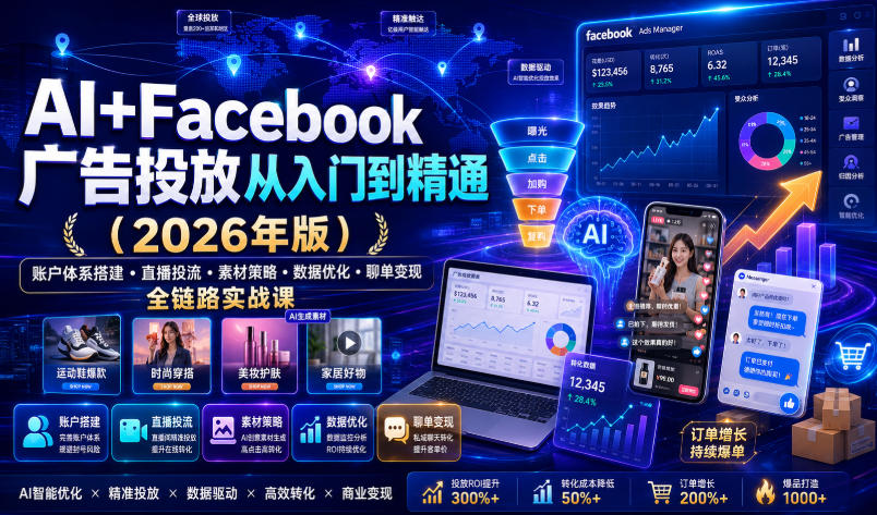 AI+Facebook广告投放从入门到精通(2026年版)|账户体系搭建・直播投流・素材策略・数据优化・聊单变现全链路实战课-旺仔资源库
