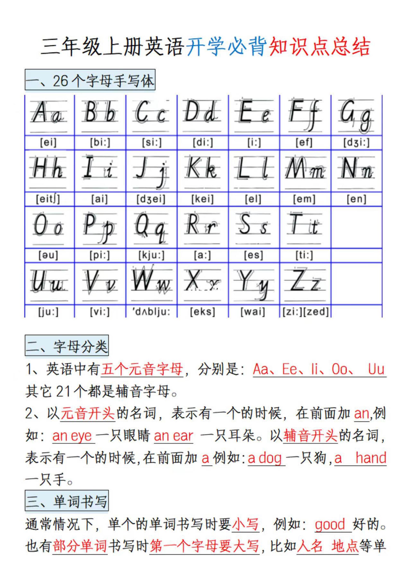 三年级上册英语开学必背知识点总结-吾爱自习网