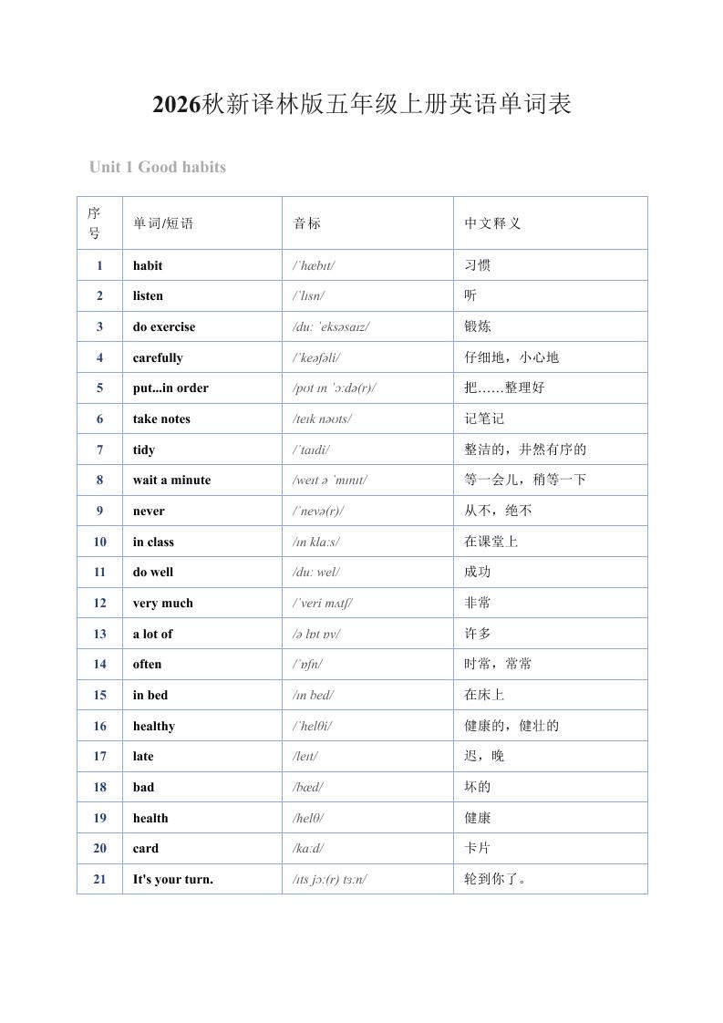 2026秋新译林版五年级上册英语单词表1-吾爱自习网