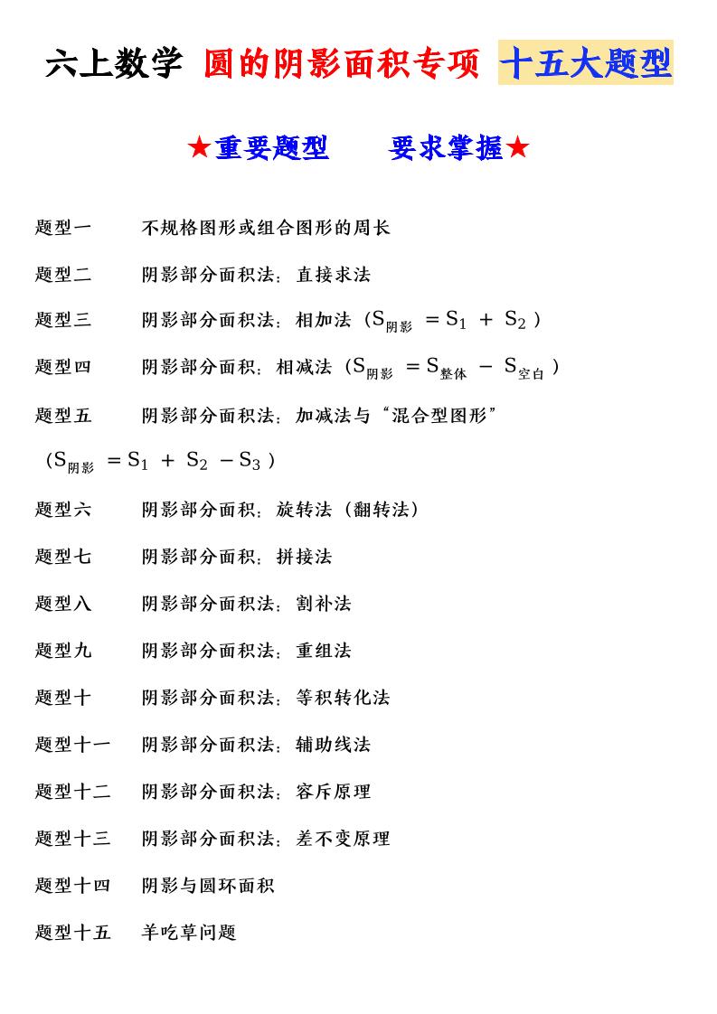 六上数学圆的阴影面积专项十五大题型-吾爱自习网