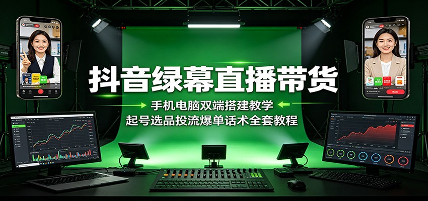 抖音绿幕直播带货：手机电脑双端搭建教学，起号选品投流爆单话术全套教程-吾爱自习网