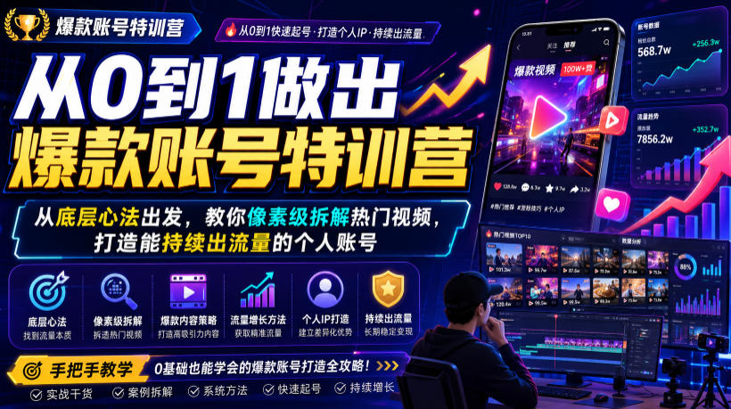 从0到1做出爆款账号特训营，从底层心法出发，教你像素级拆解热门视频，打造能持续出流量的个人账号-吾爱自习网