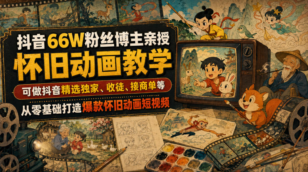 抖音66W粉丝博主亲授怀旧动画教学,可做抖音精选独家、收徒、接商单等,从零基础打造爆款怀旧动画短视频-旺仔资源库