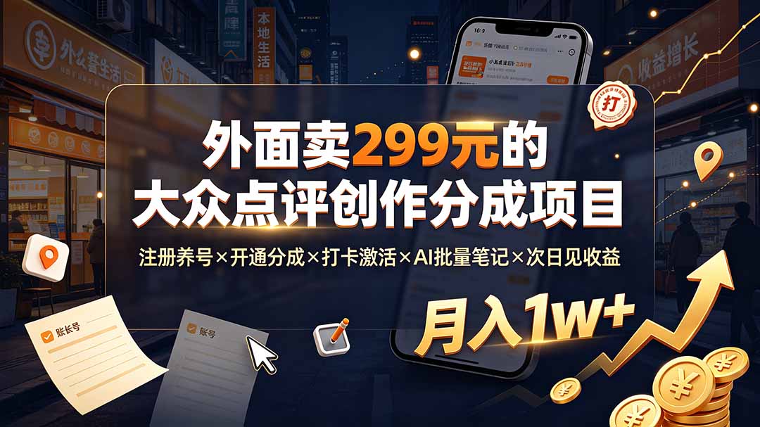 外面卖299元的大众点评创作分成项目:注册养号×开通分成×打卡激活×AI批量笔记×次日见收益,月入1w+-吾爱自习网