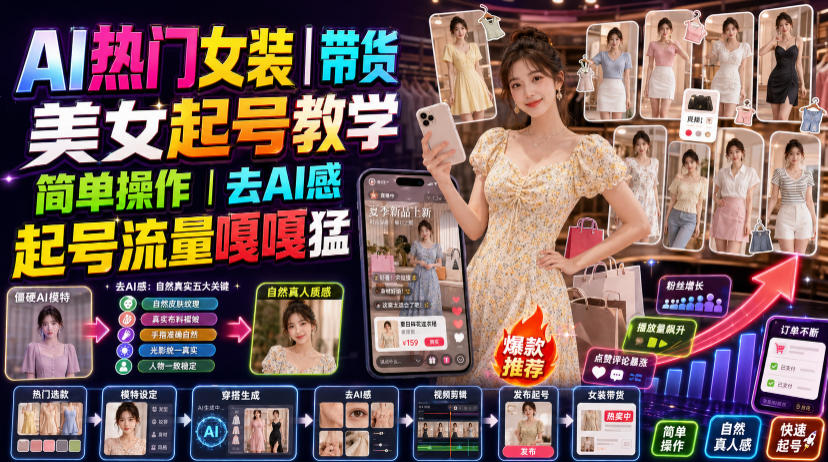 AI热门女装带货丨美女起号教学,简单操作,去AI感,起号流量嘎嘎猛-吾爱自习网