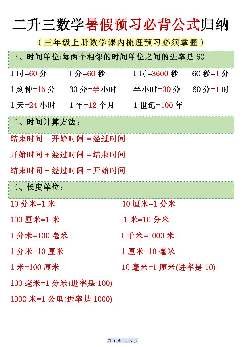 人教版二升三数学暑假预习必背公式归纳-三上数学-吾爱自习网