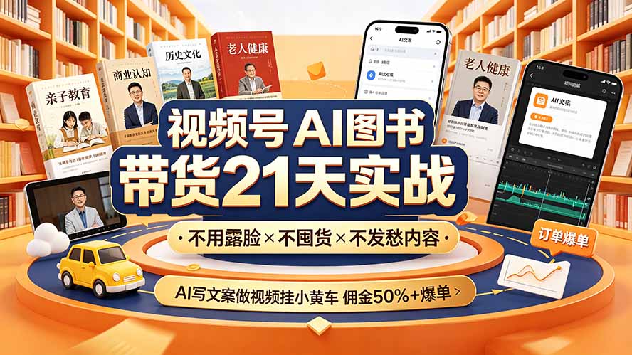 视频号AI图书带货21天实战:不用露脸×不囤货×不发愁内容,AI写文案做视频挂小黄车,佣金50%+爆单-吾爱自习网