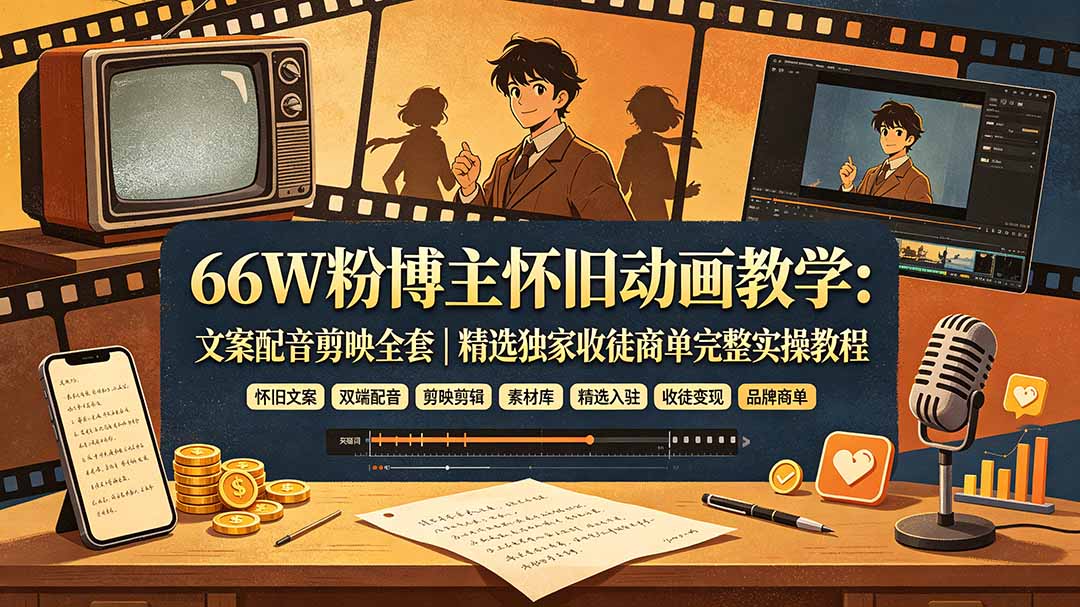 66W粉博主怀旧动画教学:文案配音剪映全套|精选独家收徒商单完整实操教程-吾爱自习网