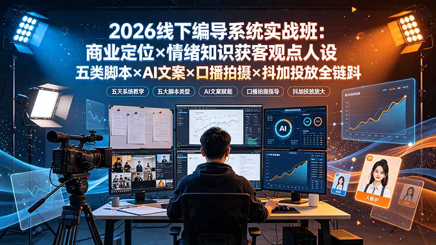 2026线下编导系统实战班：商业定位×情绪知识获客观点人设五类脚本×AI文案×口播拍摄×抖加投放全链路-吾爱自习网