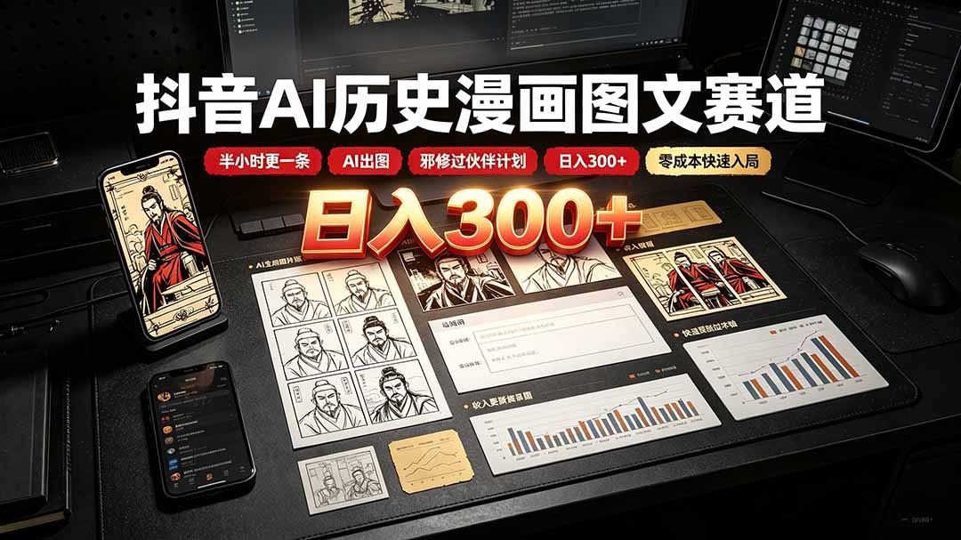 抖音AI历史漫画图文赛道:半小时更一条×AI出图×邪修过伙伴计划×日入300+,零成本快速入局-吾爱自习网