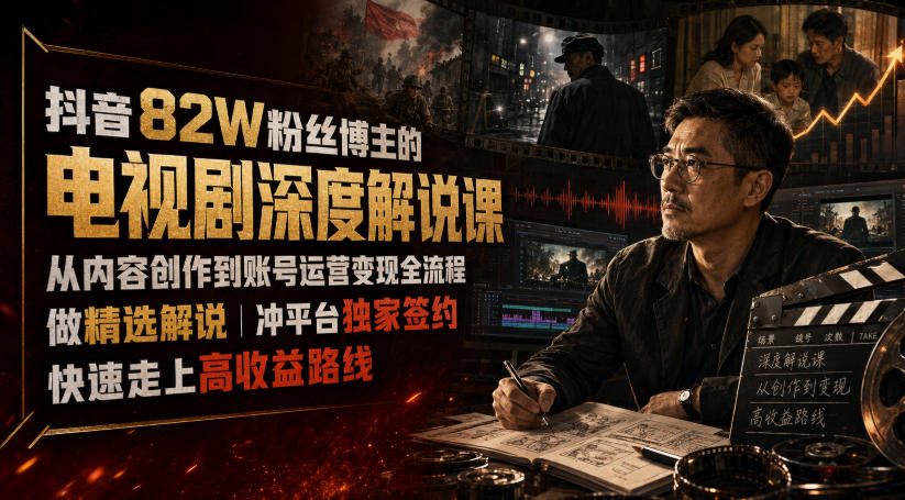 抖音82W粉丝博主的电视剧深度解说课，从内容创作到账号运营变现全流程，做精选解说，冲平台独家签约，快速走上高收益路线-吾爱自习网