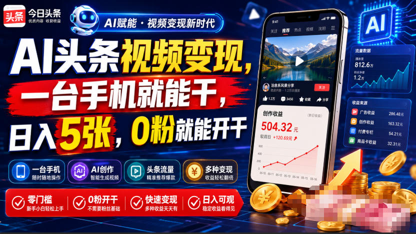AI头条视频变现，一台手机就能干，日入5张，0粉就能开干-吾爱自习网
