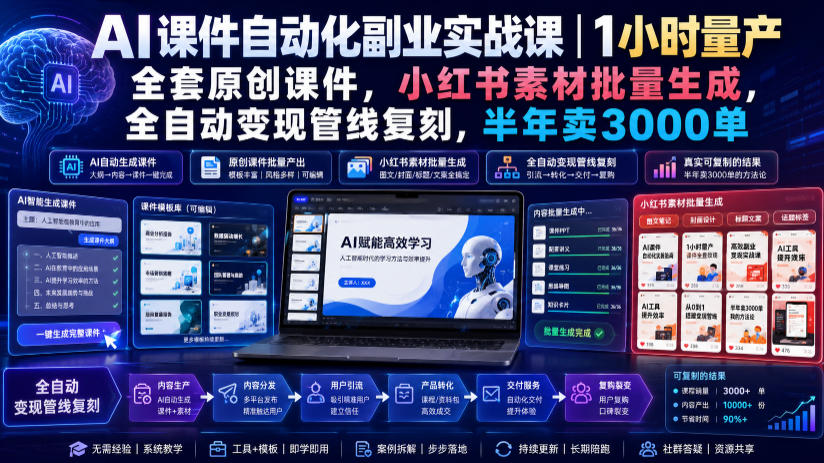 AI课件自动化副业实战课｜1小时量产全套原创课件，小红书素材批量生成，全自动变现管线复刻，半年卖3000单-吾爱自习网