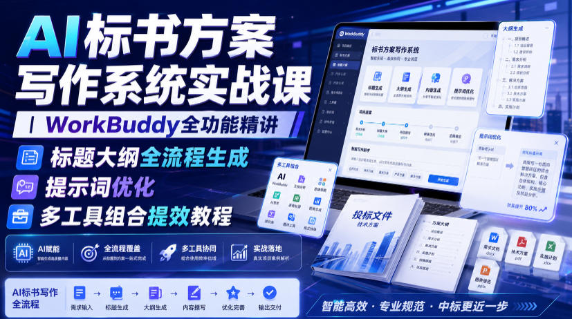 AI标书方案写作系统实战课|WorkBuddy全功能精讲・标题大纲全流程生成・提示词优化・多工具组合提效教程-旺仔资源库