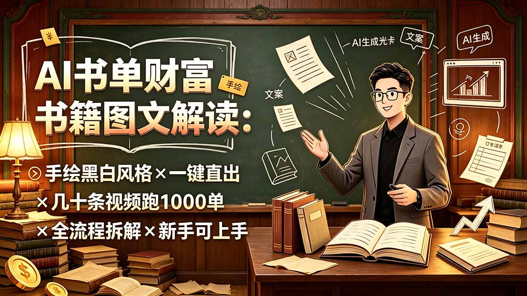 AI书单财富书籍图文解读:手绘黑白风格×一键直出×几十条视频跑1000单×全流程拆解×新手可上手-旺仔资源库