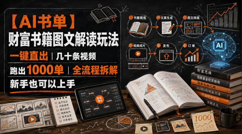 【AI书单】财富书籍图文解读玩法，一键直出，几十条视频，跑出1000单，全流程拆解，新手也可以上手-吾爱自习网